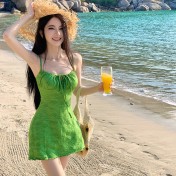 HSPN205B100003 迷霧森林ins復古綠吊帶長裙溫泉泳衣顯白顯瘦森系少女拍照超出片