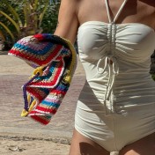 HSPN207100004 抹胸掛脖抽繩抽褶顯瘦米色休閑性感設計感連體泳衣