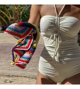 HSPN207100004 抹胸掛脖抽繩抽褶顯瘦米色休閑性感設計感連體泳衣