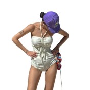 HSPN207100004 抹胸掛脖抽繩抽褶顯瘦米色休閑性感設計感連體泳衣