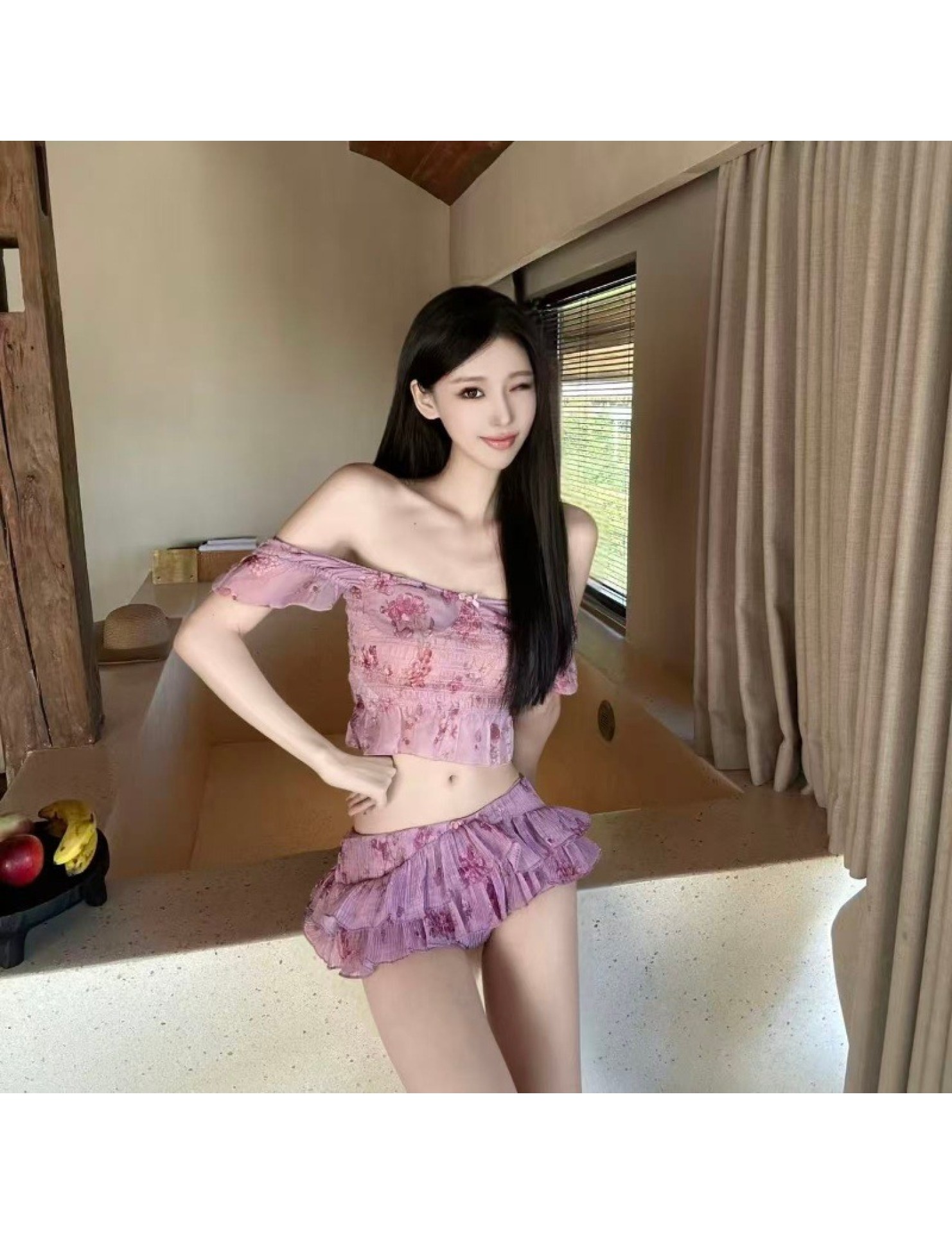 HSPN207A100001 睡蓮復古法式露臍木耳邊泳衣兩件套度假小眾性感