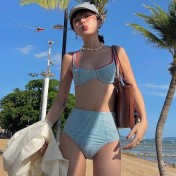 HSPN207A100002 撞色條紋少女多巴胺紋理肌高腰遮肚子比基尼