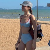 HSPN207A100002 撞色條紋少女多巴胺紋理肌高腰遮肚子比基尼