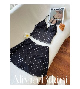 HSPN207A100003 復古波點吊帶木耳邊裙式分體泳衣度假溫泉顯白小眾超出片泳衣