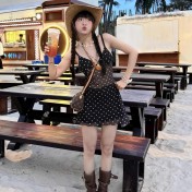 HSPN207A100003 復古波點吊帶木耳邊裙式分體泳衣度假溫泉顯白小眾超出片泳衣