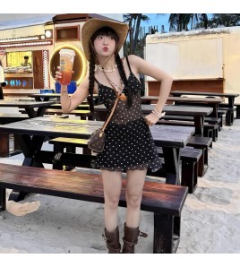 HSPN207A100003 復古波點吊帶木耳邊裙式分體泳衣度假溫泉顯白小眾超出片泳衣