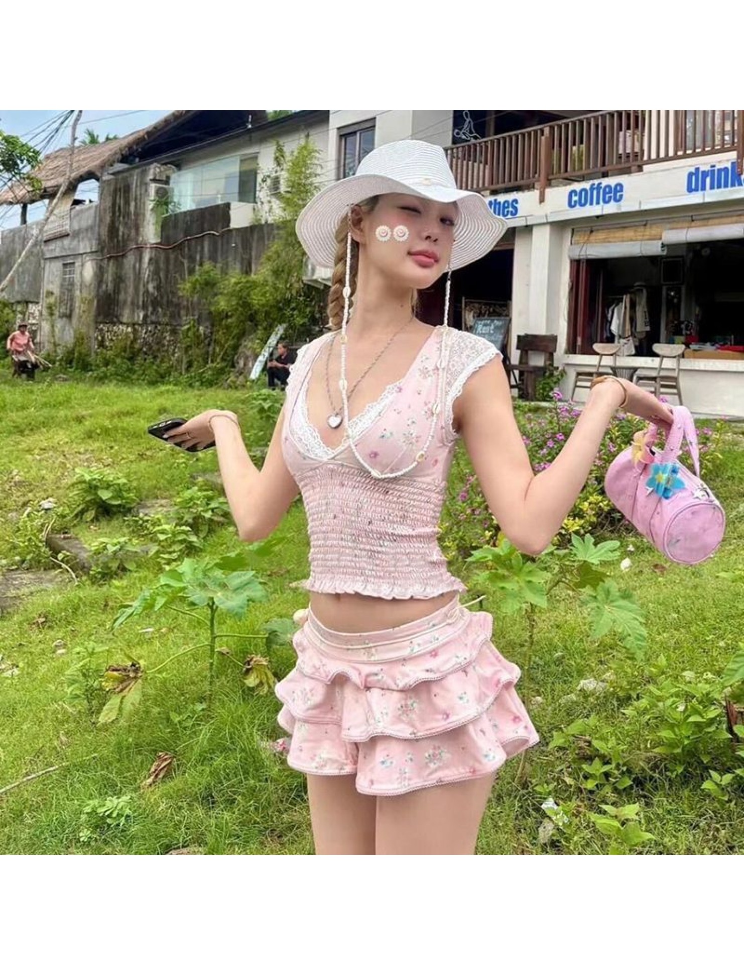 HSPN207A100005 甜粉碎花蛋糕裙海島度假溫泉甜美分體泳衣