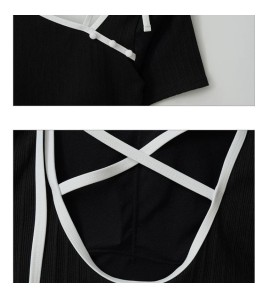 HSPN6321100003 新中式斜肩豆扣露背綁帶連體泳衣女短袖修身帶胸墊