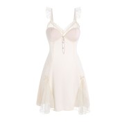 LPLT6319100009 夏季新款緞面拼接蕾絲性感深V胸墊大碼睡裙家居套裝