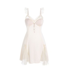 LPLT6319100009 夏季新款緞面拼接蕾絲性感深V胸墊大碼睡裙家居套裝