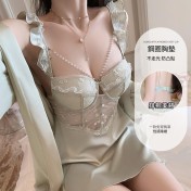 LPLT6319100011 大碼純欲睡衣透視網紗深V加胸墊吊帶睡裙外袍家居服套裝