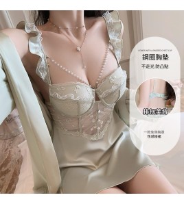 LPLT6319100011 大碼純欲睡衣透視網紗深V加胸墊吊帶睡裙外袍家居服套裝