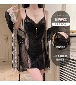 LPLT6319100015 內衣性感聚攏加胸墊純欲甜美絲絨透視網紗睡裙外袍套裝