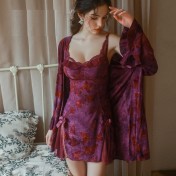 LPLT6319100017 性感誘惑蝴蝶印花睡衣深V聚攏加胸墊蕾絲睡裙外袍套裝