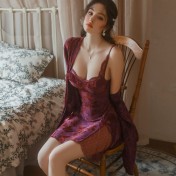 LPLT6319100017 性感誘惑蝴蝶印花睡衣深V聚攏加胸墊蕾絲睡裙外袍套裝