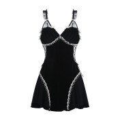 LPLT6319100020 絲絨拼接網紗睡衣深V加胸墊吊帶睡裙舒適外袍家居女套裝