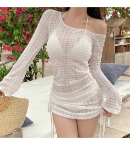 HSPN6321100005 高級感白色比基尼女小眾簡約性感鏤空針織罩衫三件套