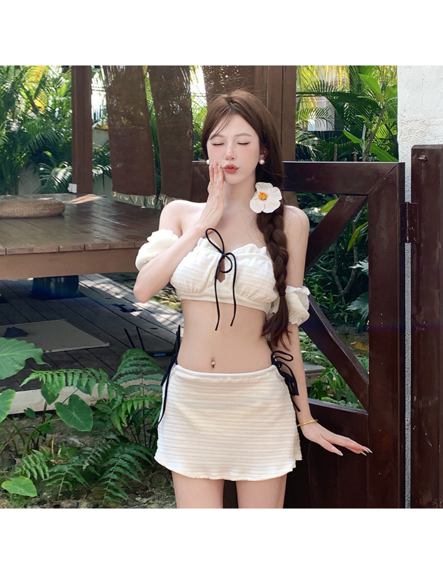 HSPN6321100006 甜美少女ins白色荷葉邊系帶分體泳衣海邊度假溫泉出片