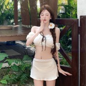 HSPN6321100006 甜美少女ins白色荷葉邊系帶分體泳衣海邊度假溫泉出片