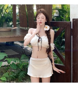 HSPN6321100006 甜美少女ins白色荷葉邊系帶分體泳衣海邊度假溫泉出片