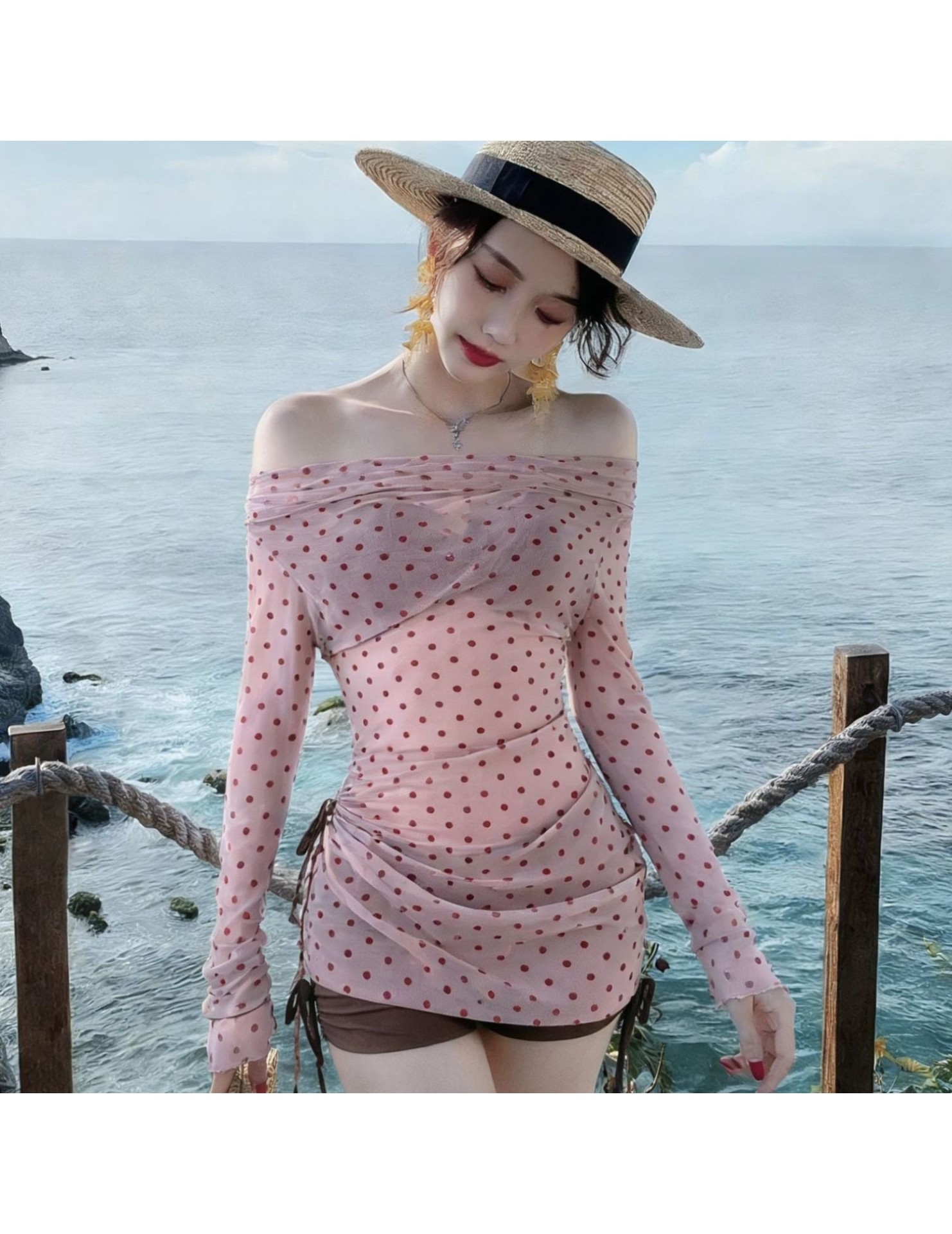 HSPN6321100007 2026新款純欲少女波點罩衫bikini泡溫泉海邊度假分體泳衣