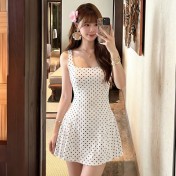 HSPN6321100010 法式復古波點吊帶收腰連體裙式泳衣高級簡約顯瘦度假海島溫泉