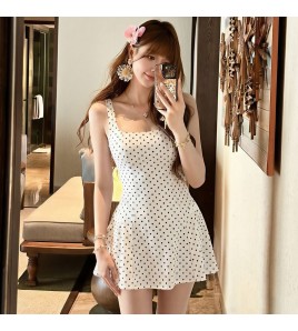 HSPN6321100010 法式復古波點吊帶收腰連體裙式泳衣高級簡約顯瘦度假海島溫泉