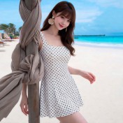 HSPN6321100010 法式復古波點吊帶收腰連體裙式泳衣高級簡約顯瘦度假海島溫泉