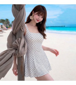 HSPN6321100010 法式復古波點吊帶收腰連體裙式泳衣高級簡約顯瘦度假海島溫泉