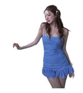 HSPN6321100011 藍白格紋掛脖抽褶分體泳衣度假清新島嶼百搭拍照超出片