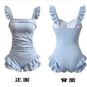 HSPN6321100012 藍白格紋木耳邊吊帶連體泳衣度假清新島嶼拍照超出片