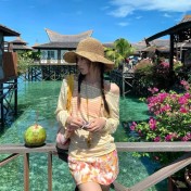 HSPN6325100001 橘夏條紋橙色條紋顯瘦性感比基尼四件套海島出片