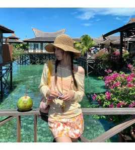 HSPN6325100001 橘夏條紋橙色條紋顯瘦性感比基尼四件套海島出片