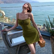 HSPN6325100002 海鹽青椰橄欖綠吊帶長裙度假泳衣顯白顯瘦森系少女超出片