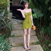 HSPN6325100002 海鹽青椰橄欖綠吊帶長裙度假泳衣顯白顯瘦森系少女超出片