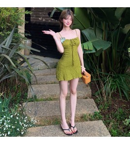 HSPN6325100002 海鹽青椰橄欖綠吊帶長裙度假泳衣顯白顯瘦森系少女超出片