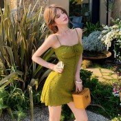 HSPN6325100002 海鹽青椰橄欖綠吊帶長裙度假泳衣顯白顯瘦森系少女超出片