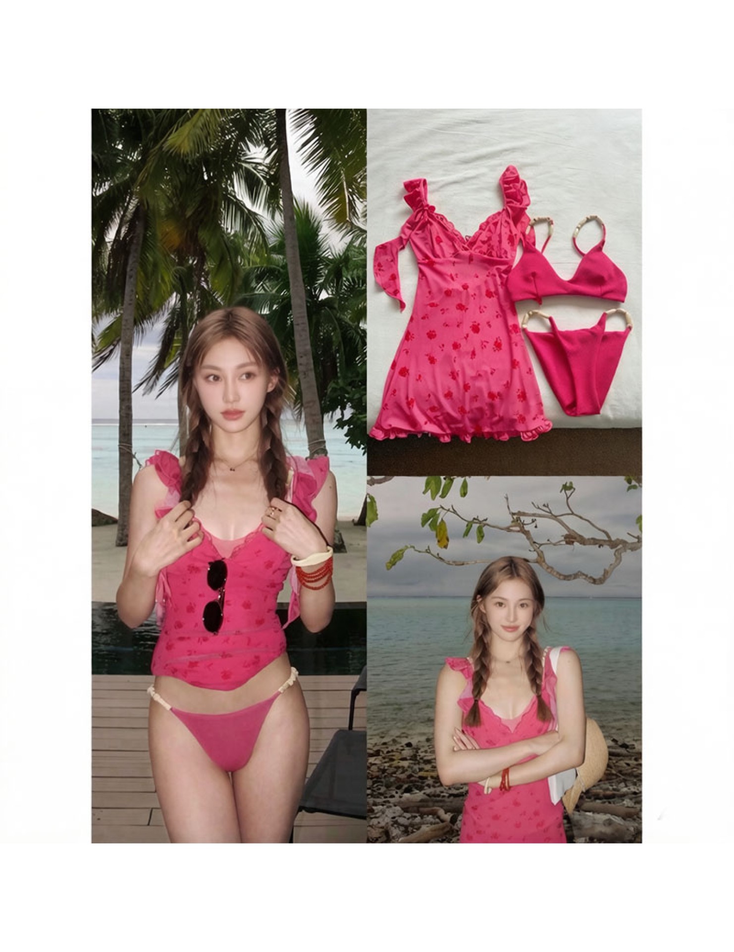 HSPN6325100003 梅子紅時簡約梅紅色吊帶比基尼巨顯白遮肉沙灘性感超出