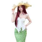 HSPN6325100004 溫柔抹胸復古綠波點裙顯白顯瘦泳衣三件套海島溫泉拍照超出片