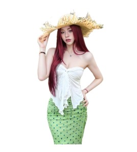 HSPN6325100004 溫柔抹胸復古綠波點裙顯白顯瘦泳衣三件套海島溫泉拍照超出片