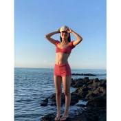 HSPN6325100005 簡約露臍泡泡袖平角分體泳衣出片