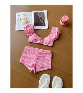 HSPN6325100005 簡約露臍泡泡袖平角分體泳衣出片