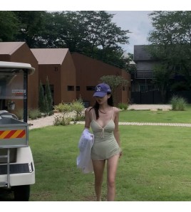 HSPN6325100006 復古法式露背吊帶連體裙式泳衣清新度假風泳池邊顯瘦出片泳衣