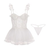 LPLT6319100024 情趣內衣透視網紗蕾絲甜美飛袖深V加胸墊吊帶睡裙套裝