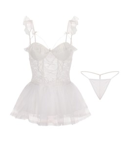 LPLT6319100024 情趣內衣透視網紗蕾絲甜美飛袖深V加胸墊吊帶睡裙套裝