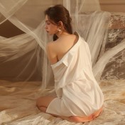 LPLT6319100026 春夏性感寬松大碼男友風純色襯衫純欲誘惑睡裙家居服套裝