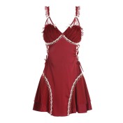 LPLT6319100027 緞面拼紗透視深V加胸墊純欲綁帶睡裙舒適外袍家居服套裝