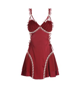 LPLT6319100027 緞面拼紗透視深V加胸墊純欲綁帶睡裙舒適外袍家居服套裝