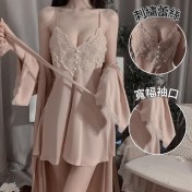 LPLT6319100032 春夏舒適睡衣露背甜美刺繡蕾絲吊帶睡裙女開衫家居服套裝
