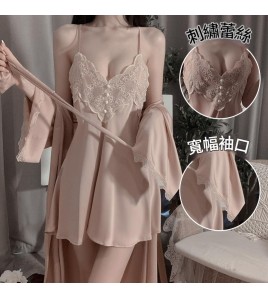 LPLT6319100032 春夏舒適睡衣露背甜美刺繡蕾絲吊帶睡裙女開衫家居服套裝